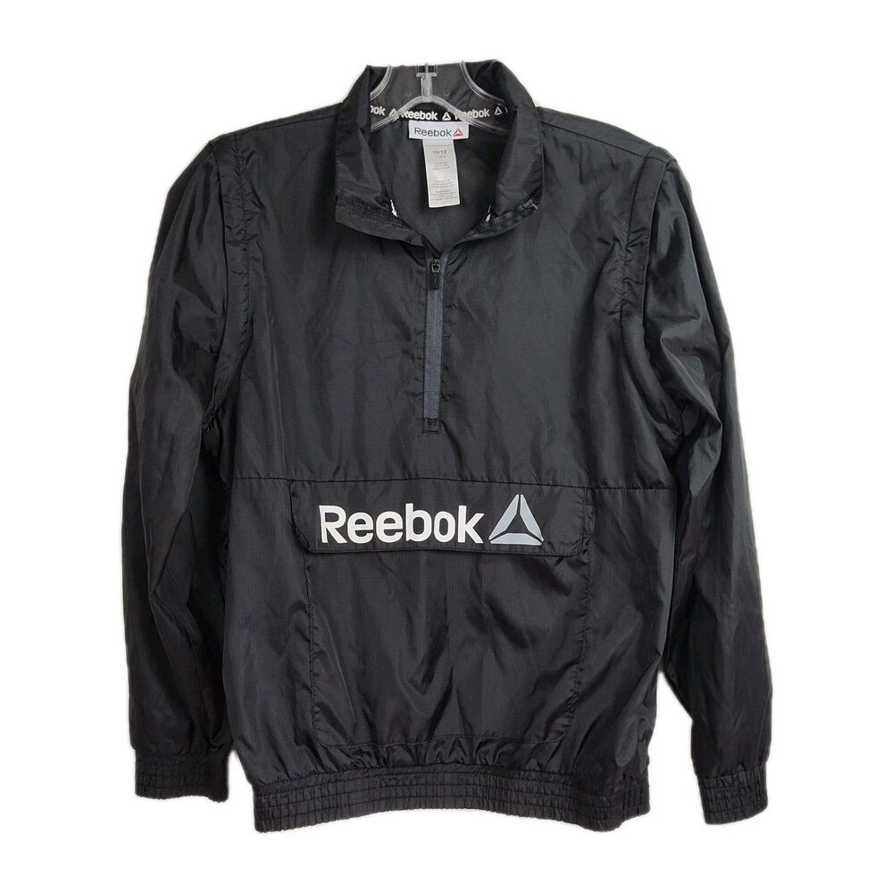 Reebok Windbreaker Jacket Boys' 10/12 L Black 1/4-Zip Logo Removable Sleeves
